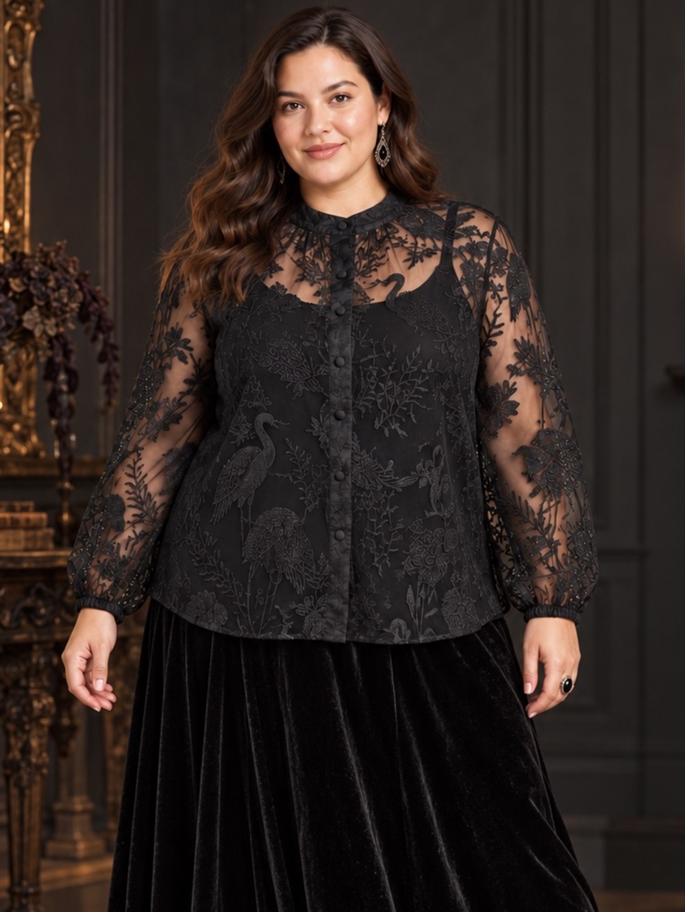 Nightfall by Torrid Black Embroidered Mesh Gothic Blouse Size 1 16/18